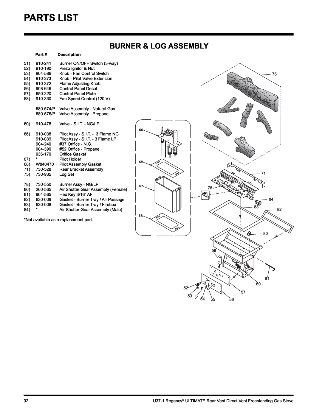 Regency U37-LP1, U37-NG1 installation manual Burner & Log Assembly 