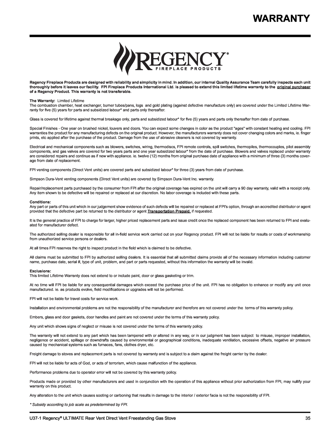 Regency U37-NG1, U37-LP1 installation manual Warranty 