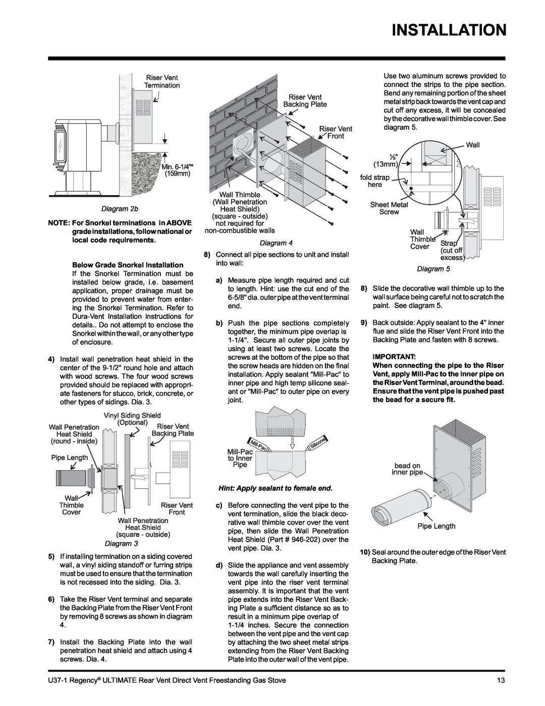 Regency U37-NG1, U37-LP1 installation manual Installation, Diagram 2b, Hint Apply sealant to female end 
