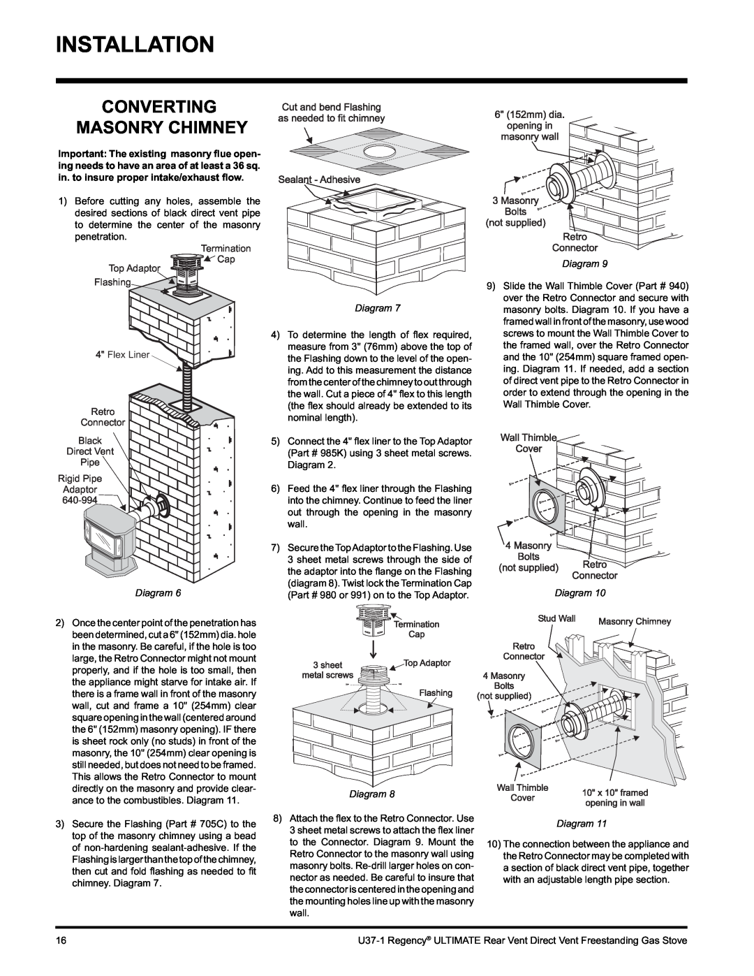 Regency U37-LP1, U37-NG1 installation manual Installation, Converting Masonry Chimney, Diagram Diagram 