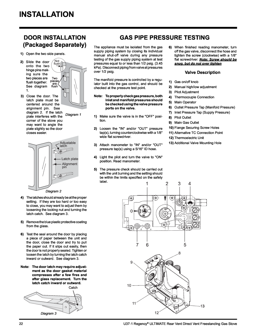 Regency U37-LP1, U37-NG1 Installation, Gas Pipe Pressure Testing, DOOR INSTALLATION Packaged Separately, Diagram 