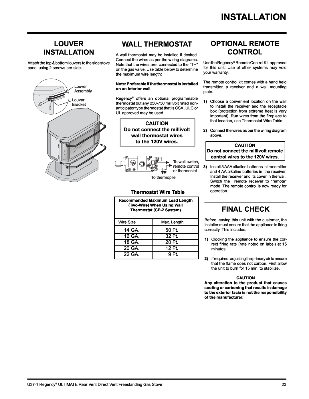 Regency U37-NG1, U37-LP1 installation manual Louver Installation, Wall Thermostat, Optional Remote Control, Final Check 