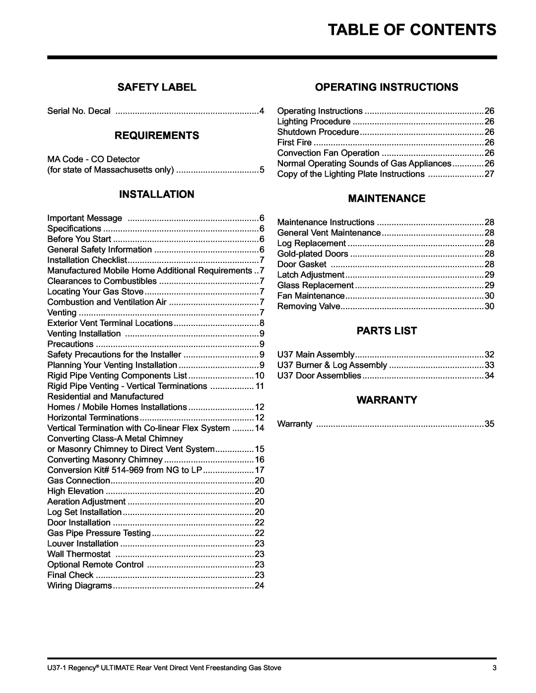 Regency U37-NG1 Table Of Contents, Operating Instructions, Installation, Parts List, Warranty, Safety Label, Requirements 