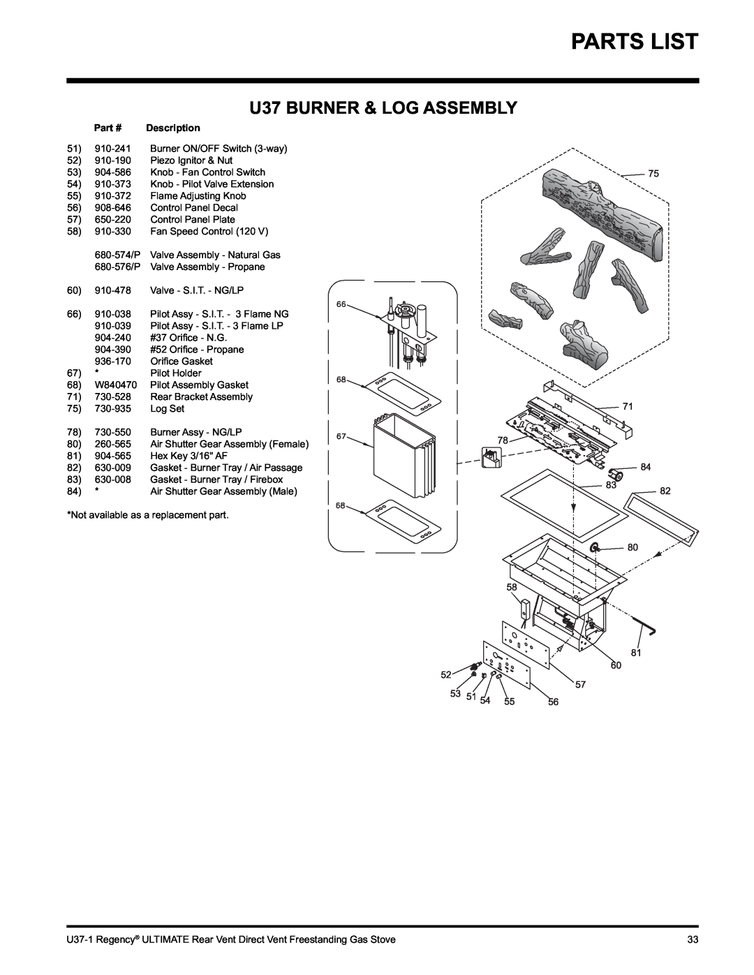 Regency U37-NG1, U37-LP1 installation manual Parts List, U37 BURNER & LOG ASSEMBLY 