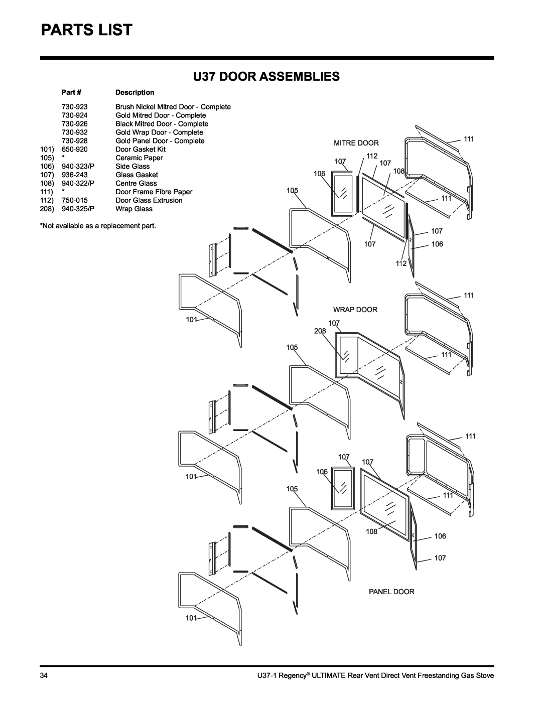 Regency U37-LP1, U37-NG1 installation manual Parts List, U37 DOOR ASSEMBLIES 