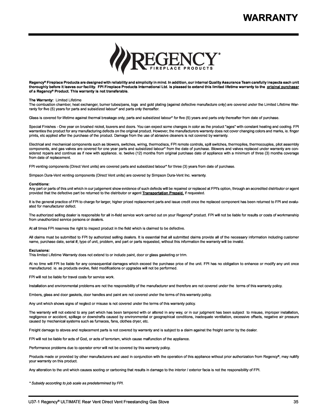 Regency U37-NG1, U37-LP1 installation manual Warranty, Conditions, Exclusions 