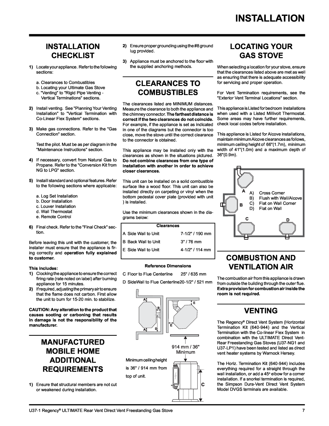 Regency U37-NG1 Installation Checklist, Manufactured Mobile Home Additional Requirements, Clearances To Combustibles 