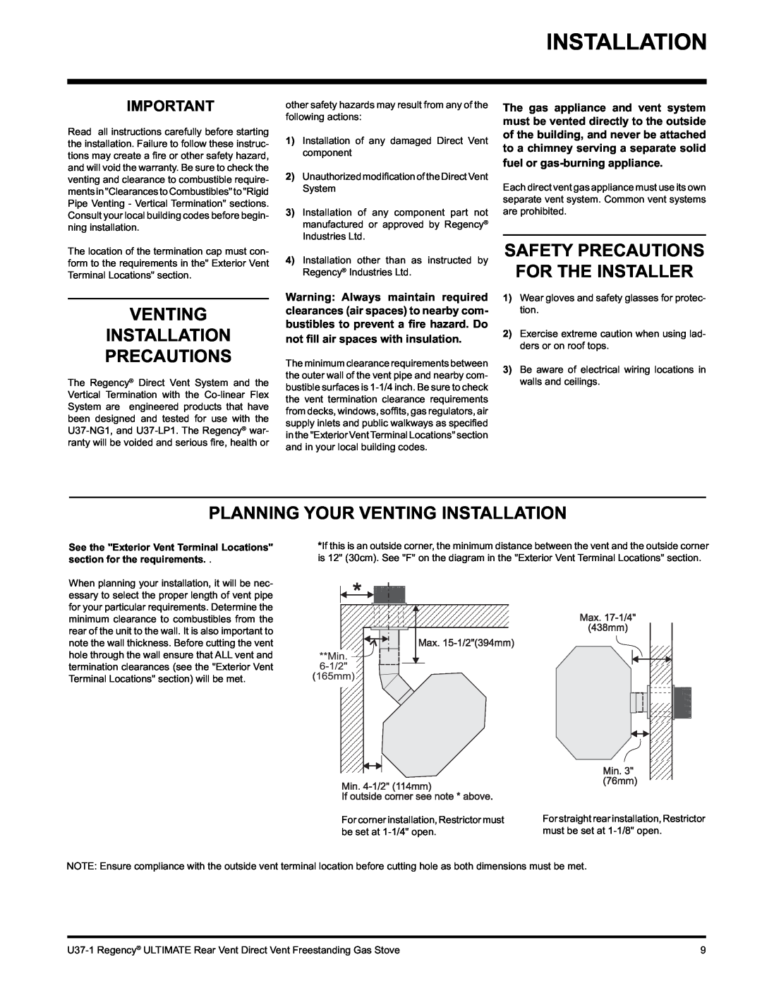 Regency U37-NG1, U37-LP1 installation manual Venting Installation Precautions, Safety Precautions For The Installer 