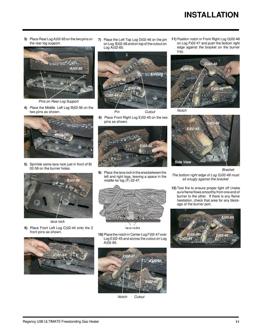 Regency U38-NG, U38-LP installation manual Pins on Rear Log Support, PinCutout, Lava rock, Notch Cutout 