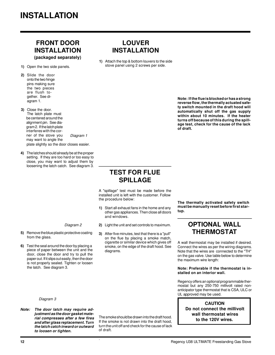 Regency U38-LP, U38-NG Front Door Installation, Louver Installation, Test for Flue Spillage, Optional Wall Thermostat 