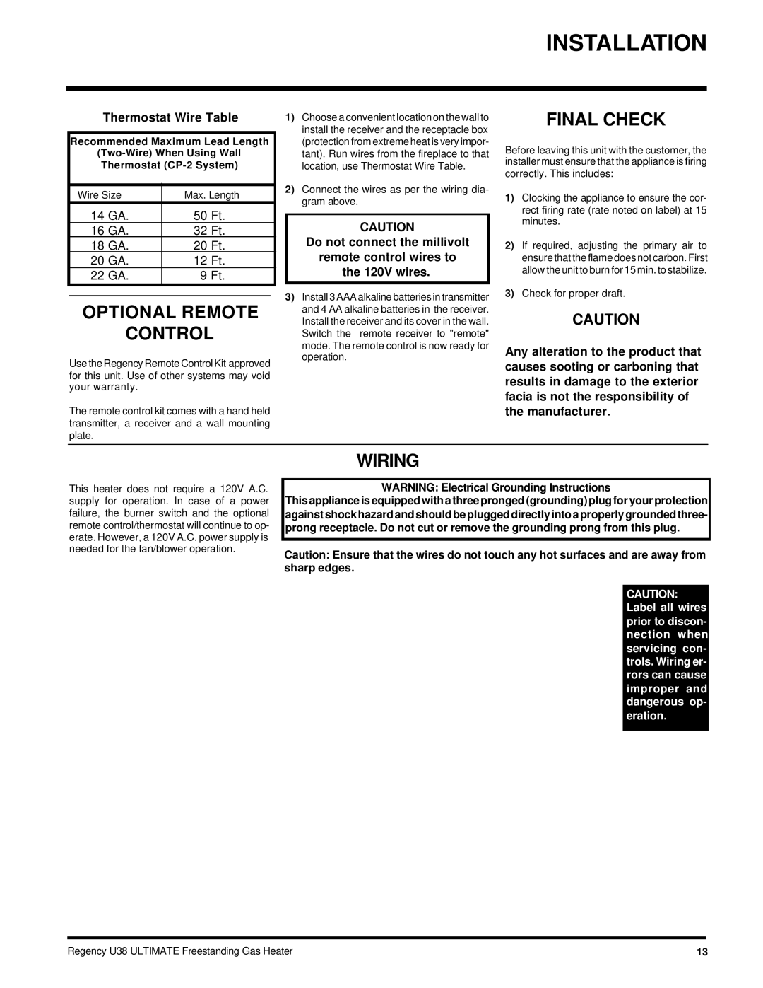 Regency U38-NG, U38-LP installation manual Optional Remote Control, Final Check, Wiring, Thermostat Wire Table 