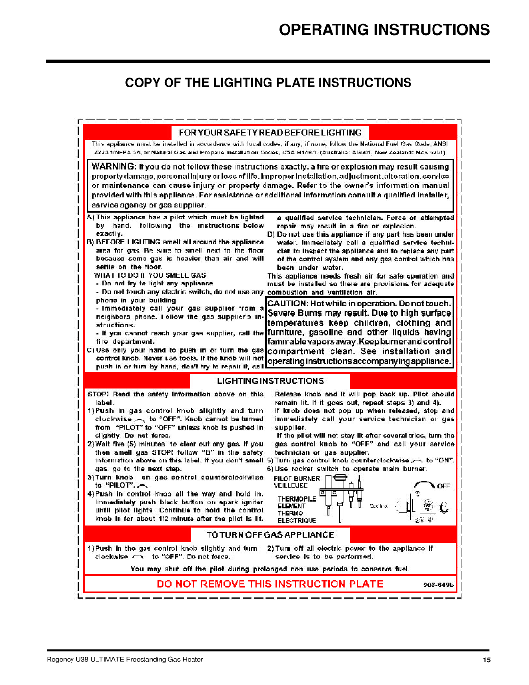 Regency U38-NG, U38-LP installation manual Copy of the Lighting Plate Instructions 