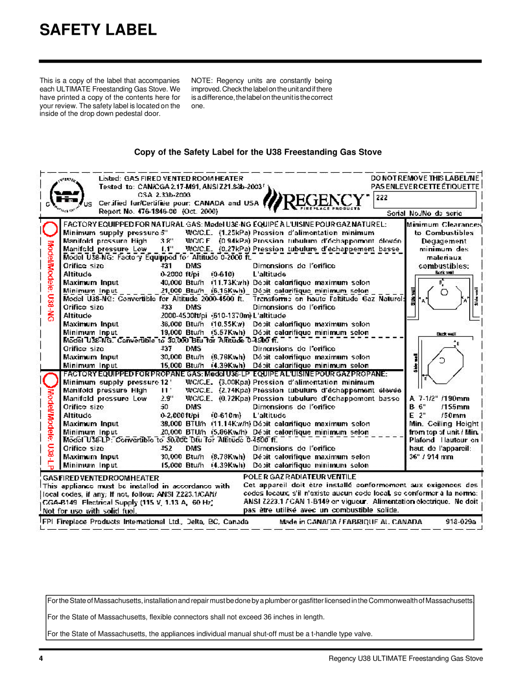 Regency U38-LP, U38-NG installation manual Copy of the Safety Label for the U38 Freestanding Gas Stove 