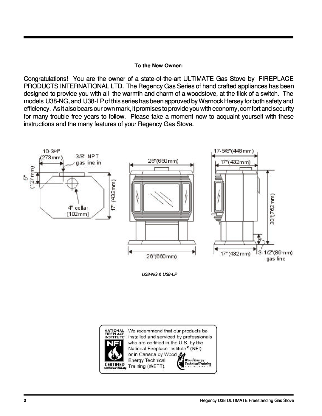 Regency U38-LP, U38-NG installation manual To the New Owner, Regency U38 ULTIMATE Freestanding Gas Stove 