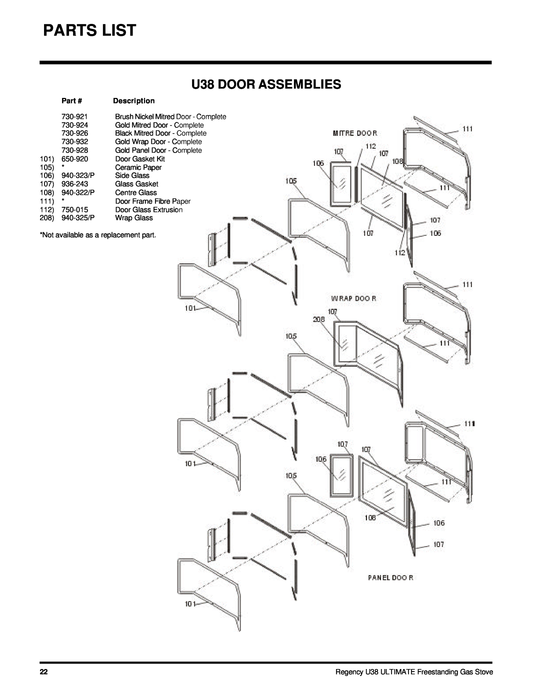 Regency U38-LP, U38-NG Parts List, U38 DOOR ASSEMBLIES, Description, Regency U38 ULTIMATE Freestanding Gas Stove 