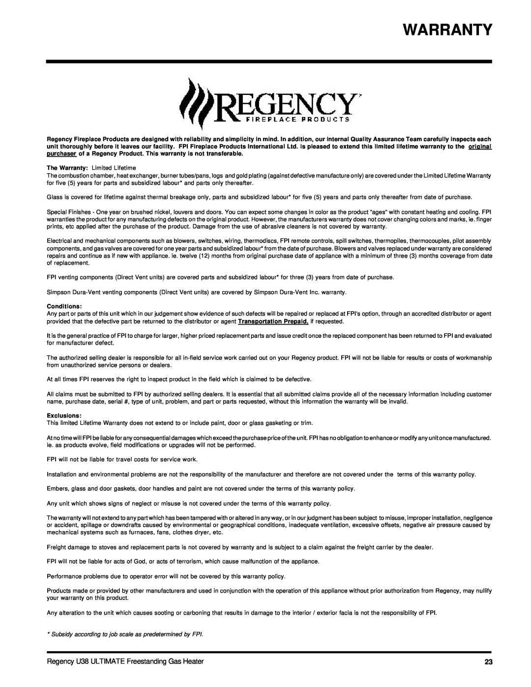 Regency U38-NG, U38-LP installation manual Warranty, Conditions, Exclusions 