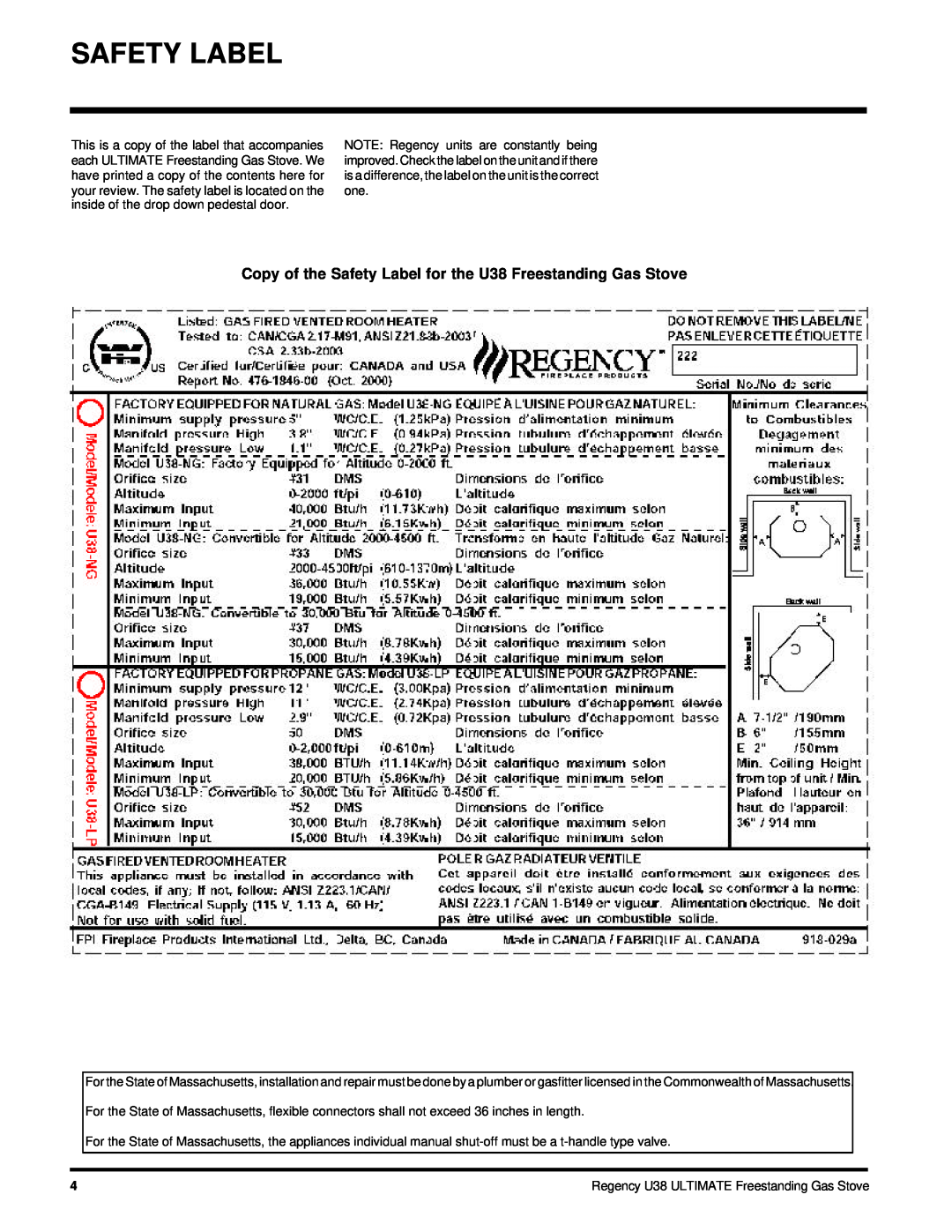 Regency U38-LP, U38-NG installation manual Safety Label, Regency U38 ULTIMATE Freestanding Gas Stove 