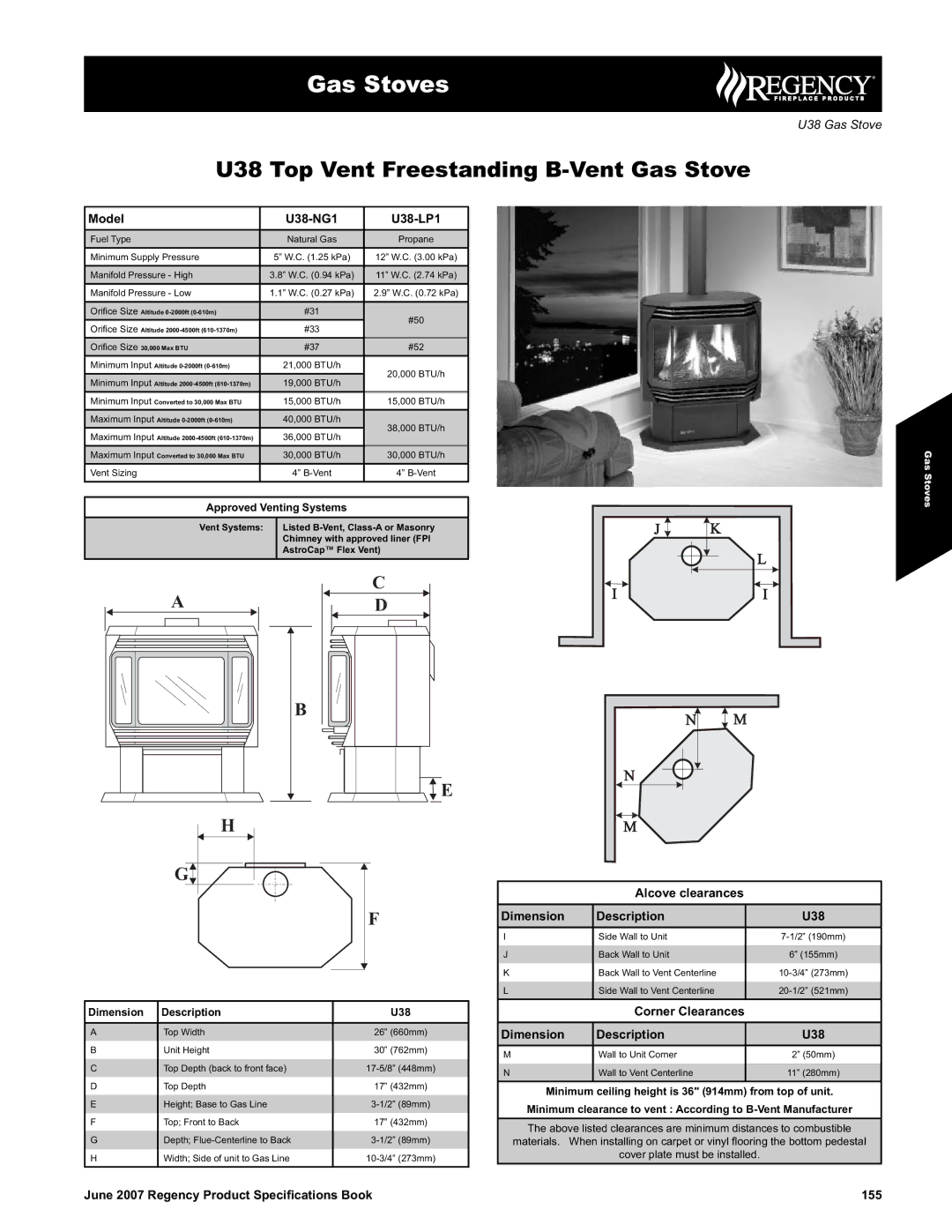 Regency U38-LP1, U38-NG1 specifications Gas Stoves, U38 Top Vent Freestanding B-Vent Gas Stove 