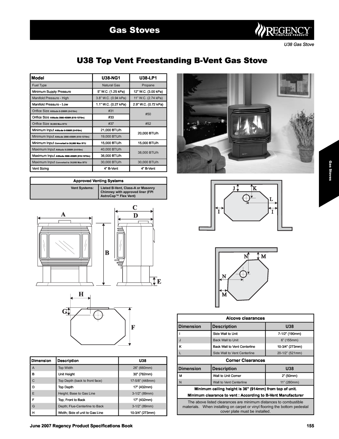 Regency U38-LP1 specifications Gas Stoves, U38 Gas Stove, Model, U38-NG1, Dimension, Alcove clearances, Description 