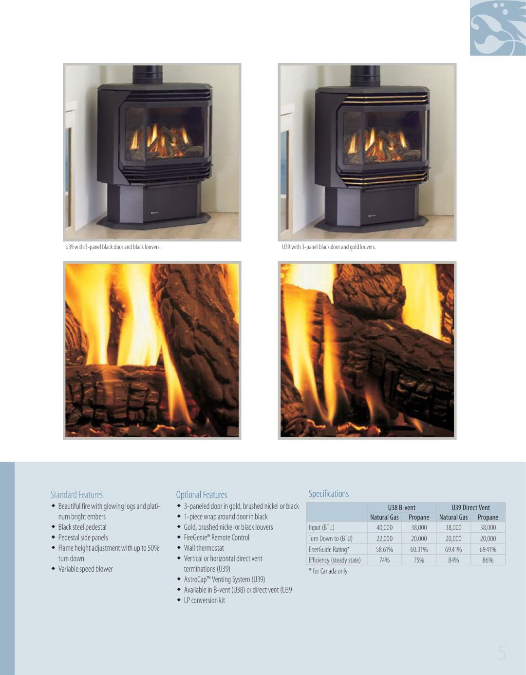 Regency C34, U39 manual Ww Vertical or horizontal direct vent, U38 B-vent, Input BTU 