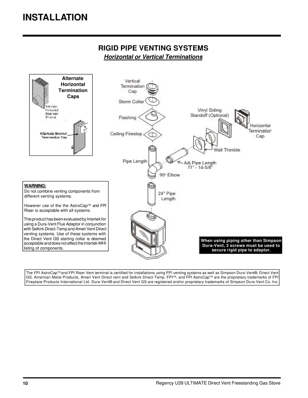 Regency U39-LP, U39-NG installation manual Rigid Pipe Venting Systems, Alternate Horizontal Termination Caps 