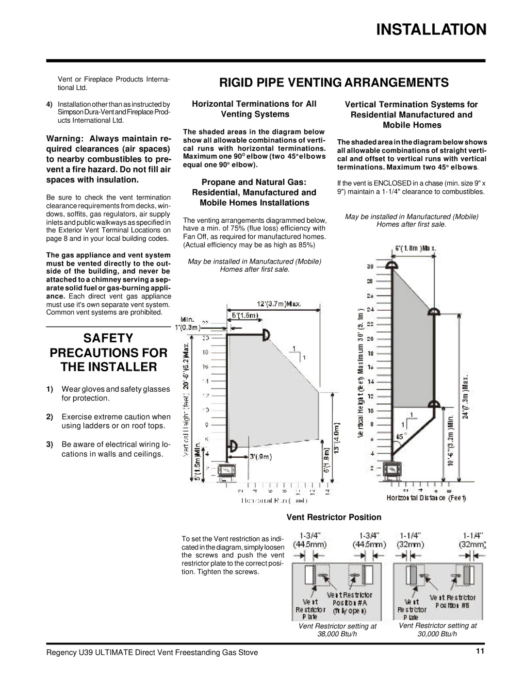 Regency U39-NG, U39-LP Rigid Pipe Venting Arrangements, Safety Precautions for the Installer, Vent Restrictor Position 