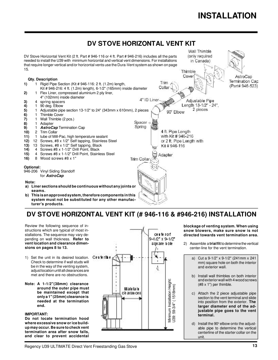 Regency U39-NG, U39-LP installation manual DV Stove Horizontal Vent KIT, Qty. Description, Optional, Sions on pages 8 to 