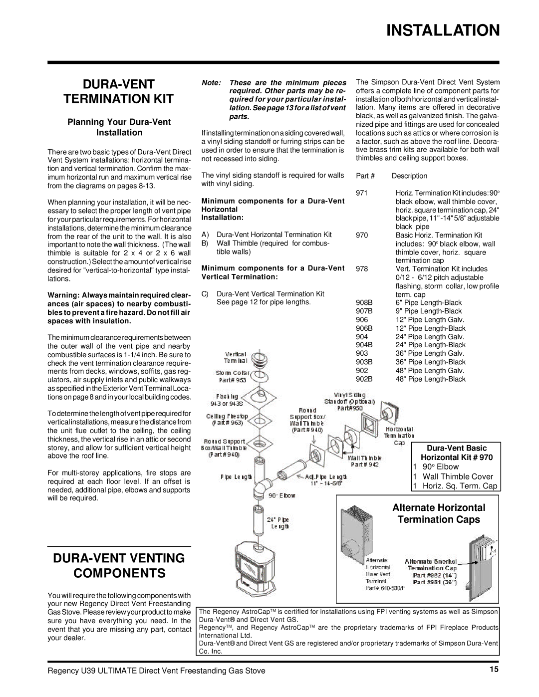 Regency U39-NG, U39-LP DURA-VENT Termination KIT, DURA-VENT Venting Components, Planning Your Dura-Vent Installation 