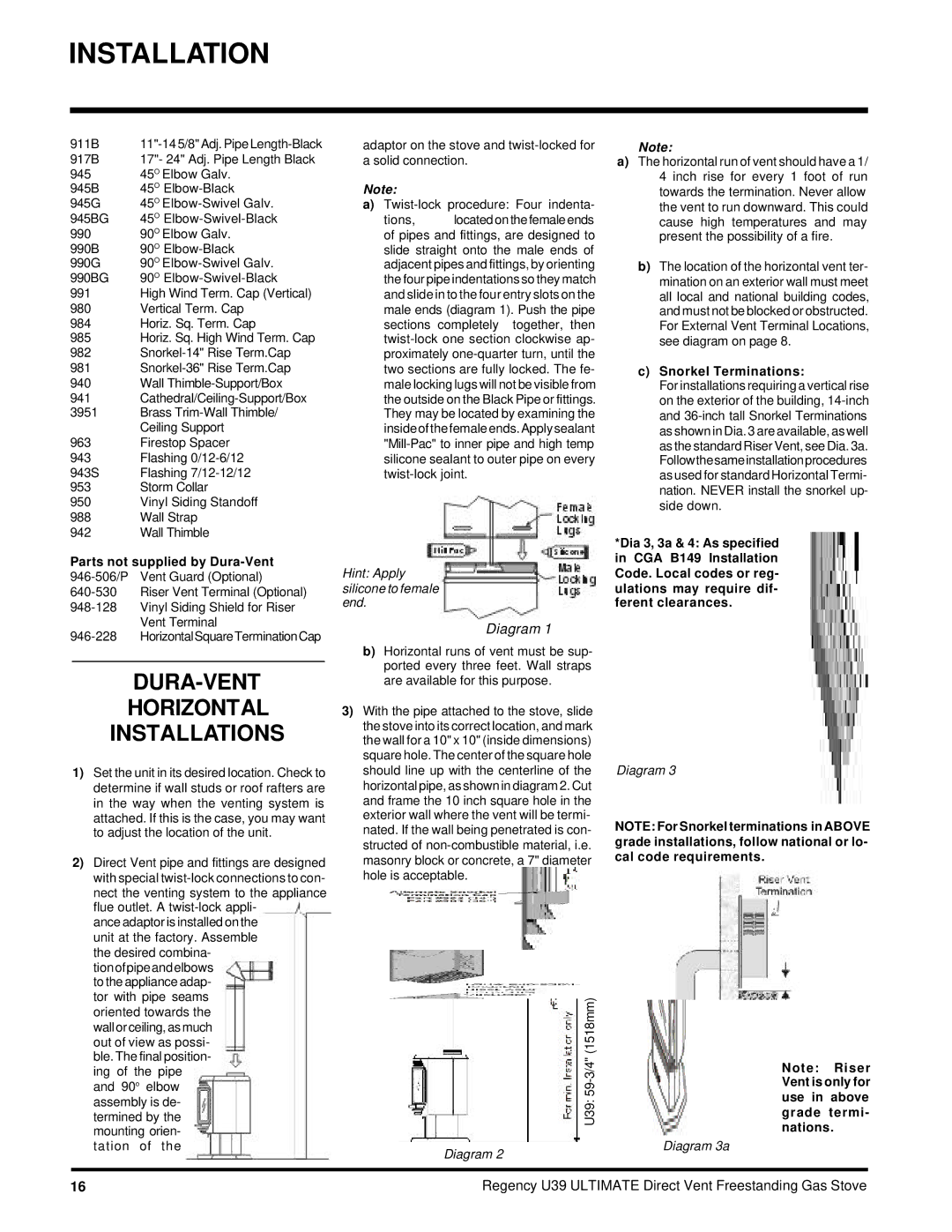 Regency U39-LP, U39-NG installation manual DURA-VENT Horizontal Installations, Snorkel Terminations 