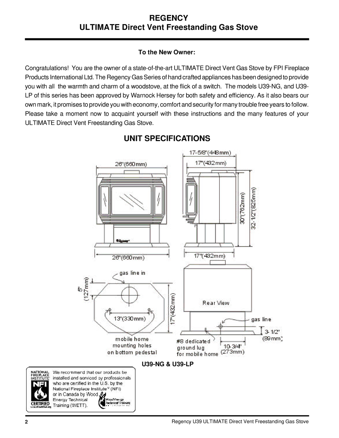 Regency U39-LP, U39-NG installation manual Regency, Unit Specifications 