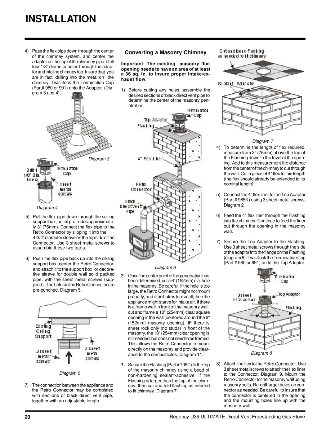 Regency U39-LP, U39-NG installation manual Converting a Masonry Chimney 