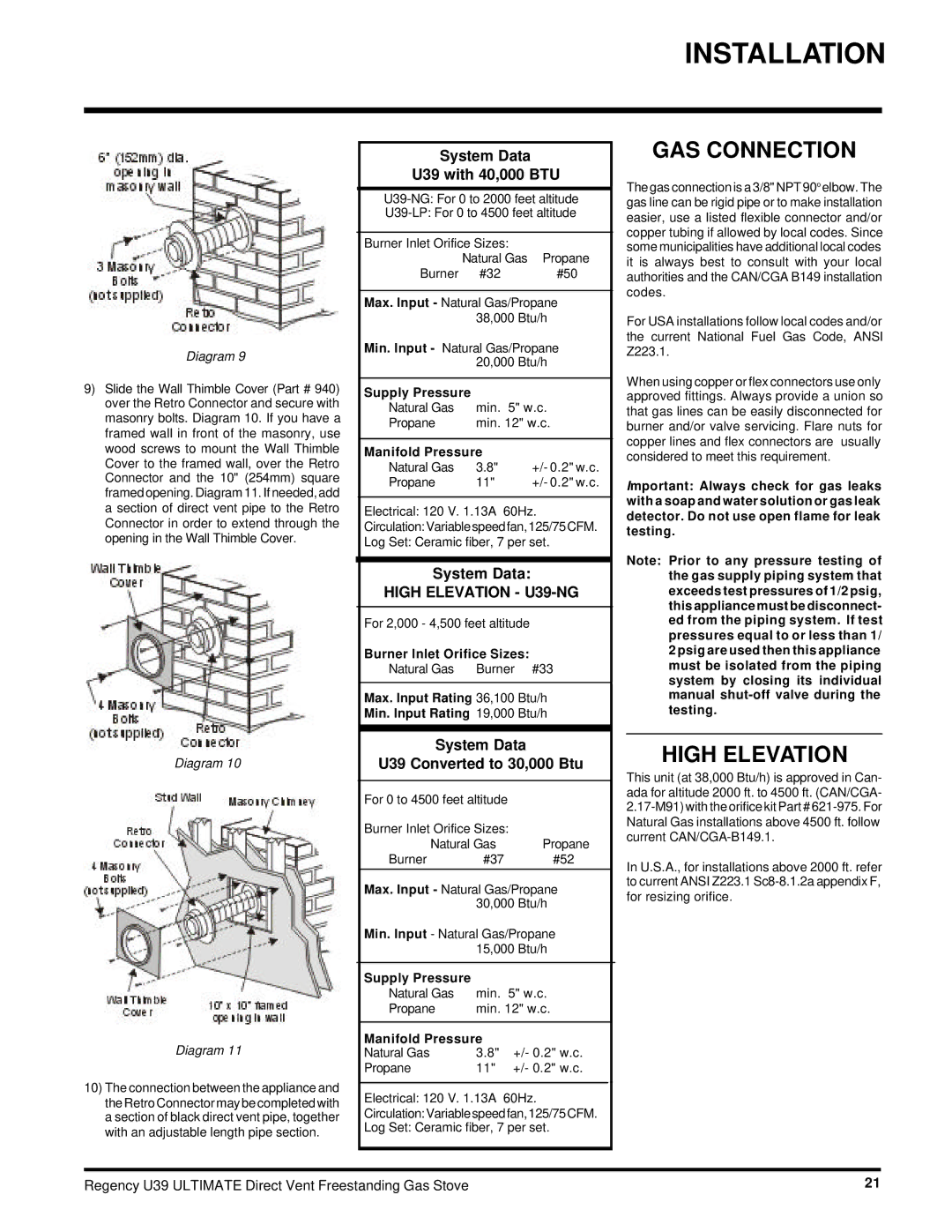 Regency U39-NG GAS Connection, High Elevation, System Data U39 with 40,000 BTU, System Data U39 Converted to 30,000 Btu 