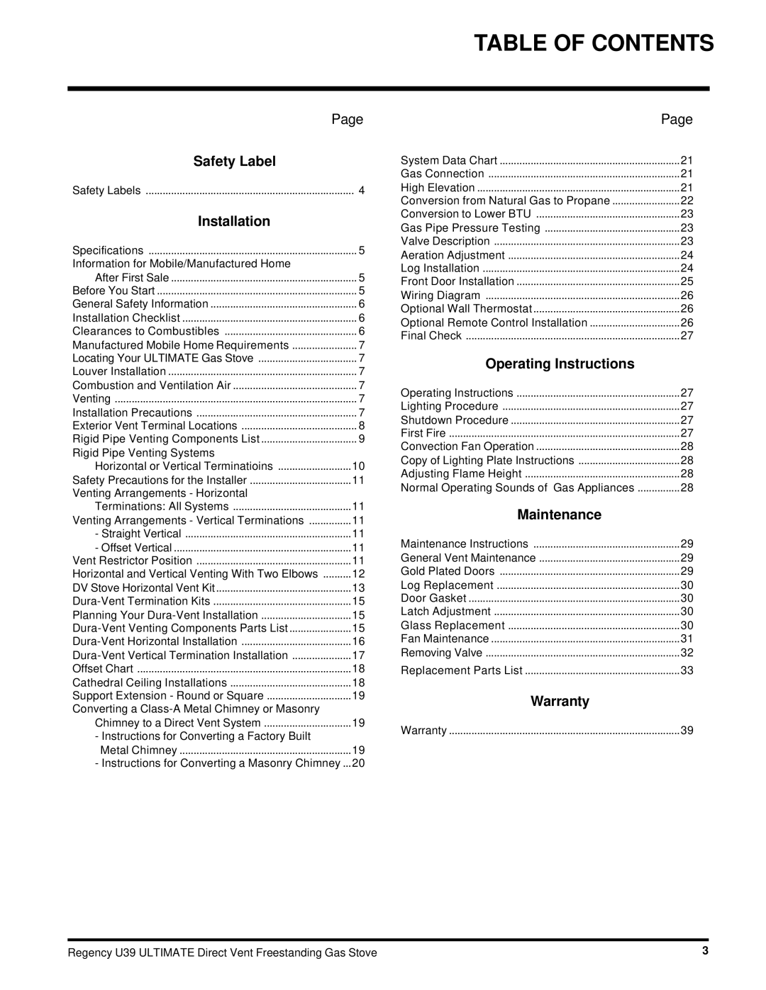 Regency U39-NG, U39-LP installation manual Table of Contents 