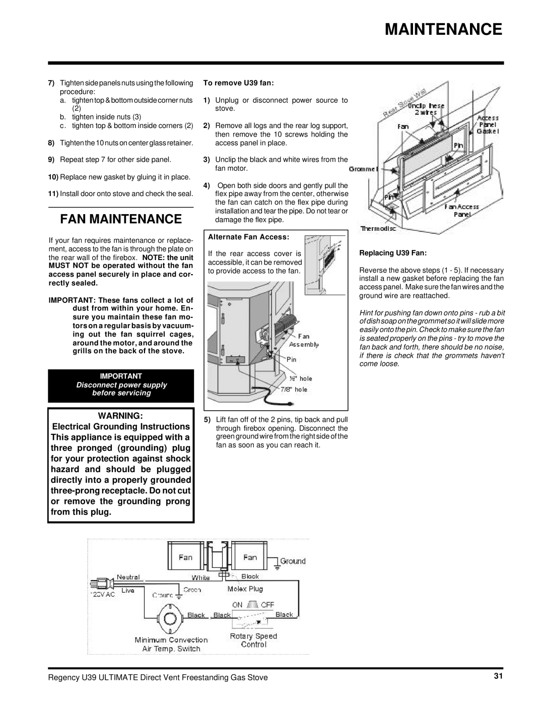 Regency U39-NG, U39-LP installation manual FAN Maintenance, To remove U39 fan, Alternate Fan Access, Replacing U39 Fan 