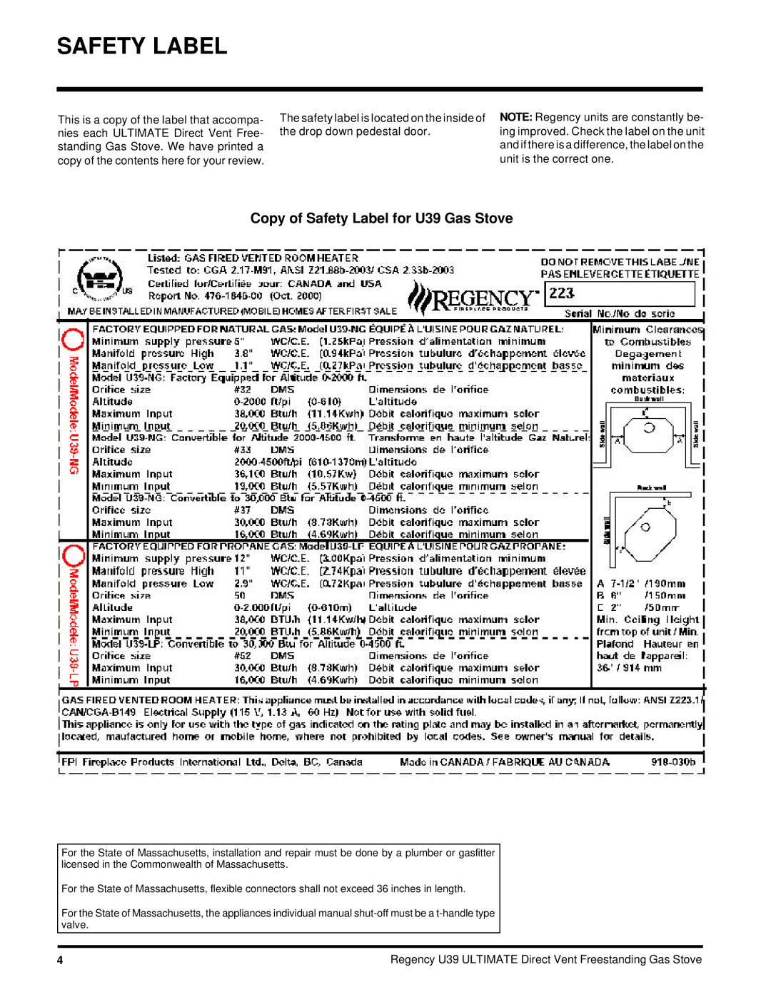 Regency U39-LP, U39-NG installation manual Copy of Safety Label for U39 Gas Stove 