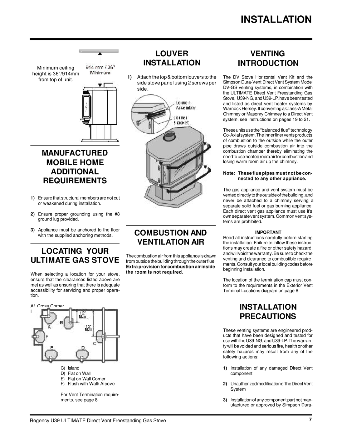 Regency U39-NG Louver Installation, Venting Introduction, Locating Your Ultimate GAS Stove, Combustion and Ventilation AIR 