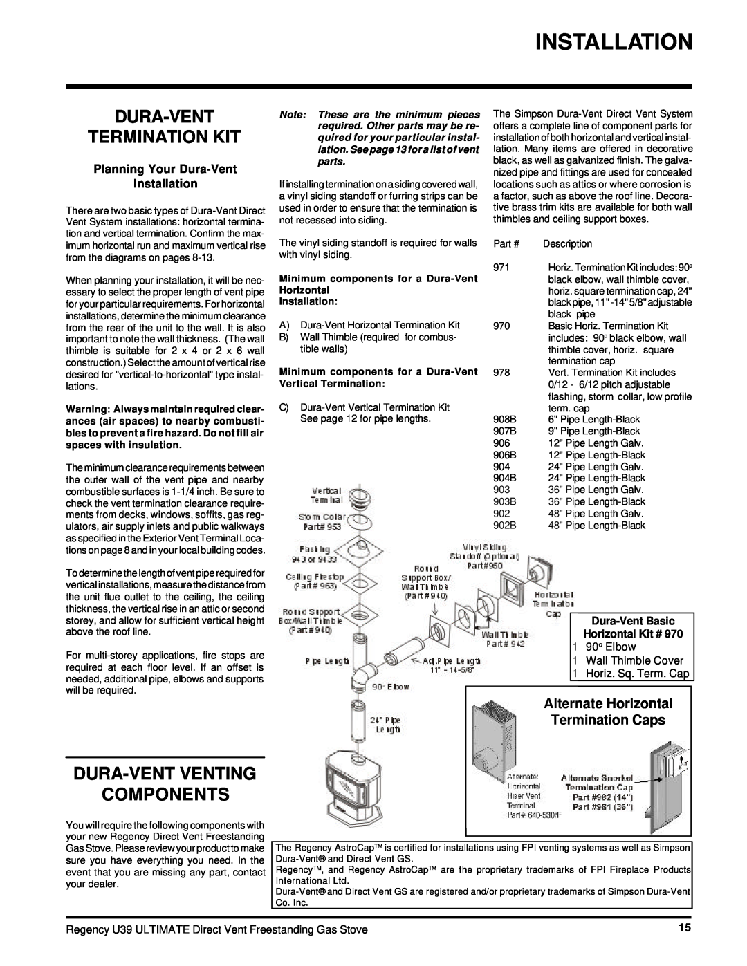 Regency U39-NG Dura-Vent Termination Kit, Dura-Ventventing Components, Alternate Horizontal Termination Caps, Installation 