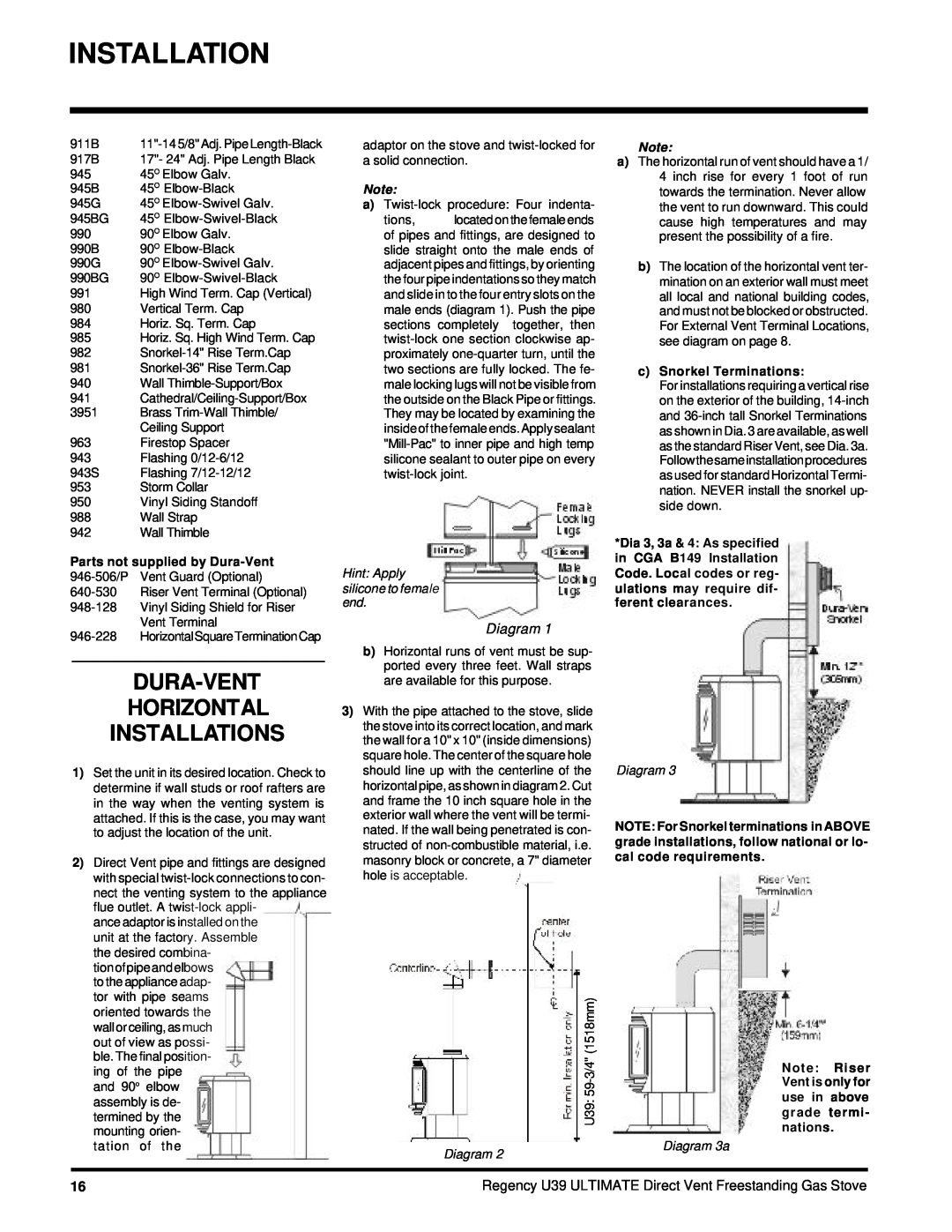 Regency U39-LP Dura-Vent Horizontal Installations, Diagram, Hint: Apply silicone to female end, cSnorkel Terminations 