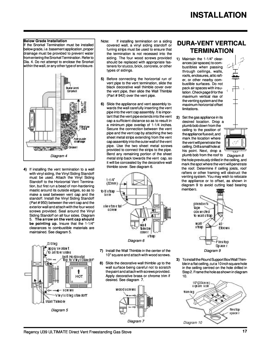 Regency U39-NG, U39-LP installation manual Below Grade Installation, Diagram Diagram 
