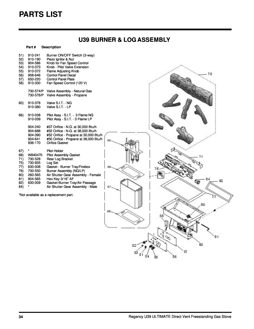 Regency U39-LP, U39-NG installation manual U39 BURNER & LOG ASSEMBLY, Part # Description 