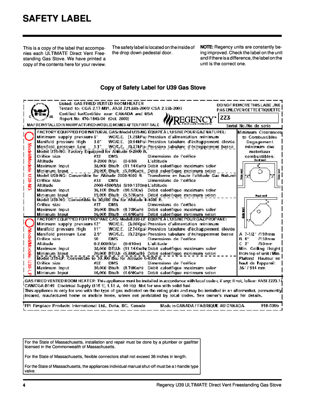 Regency U39-LP, U39-NG installation manual Copy of Safety Label for U39 Gas Stove 