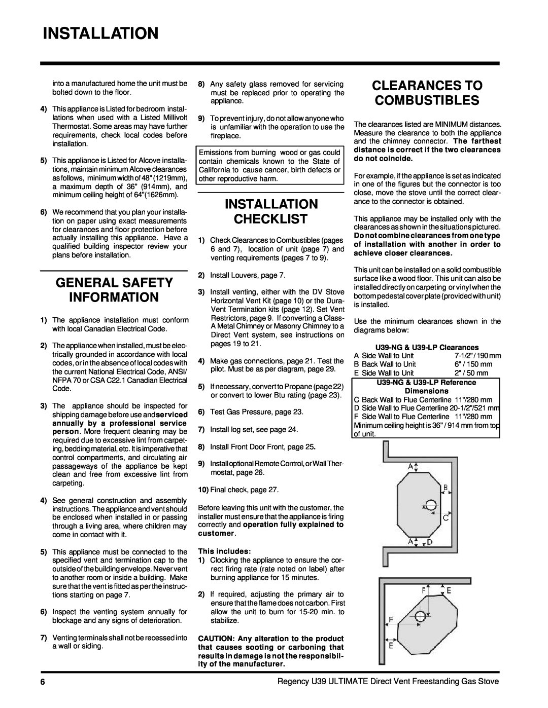 Regency U39-LP, U39-NG General Safety Information, Installation Checklist, Clearances To Combustibles, This includes 