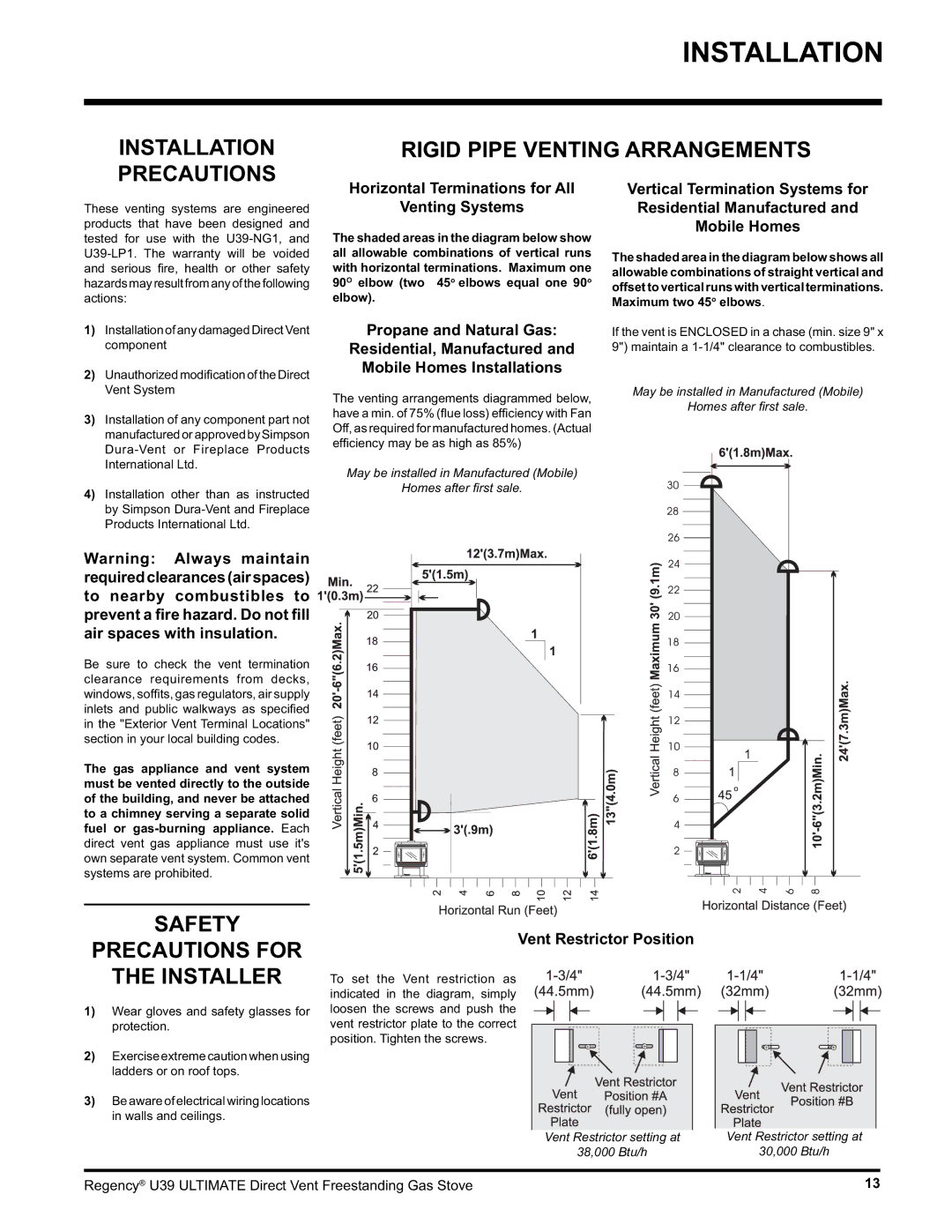Regency U39-NG1, U39-LP1 Installation Precautions Rigid Pipe Venting Arrangements, Safety Precautions for Installer 