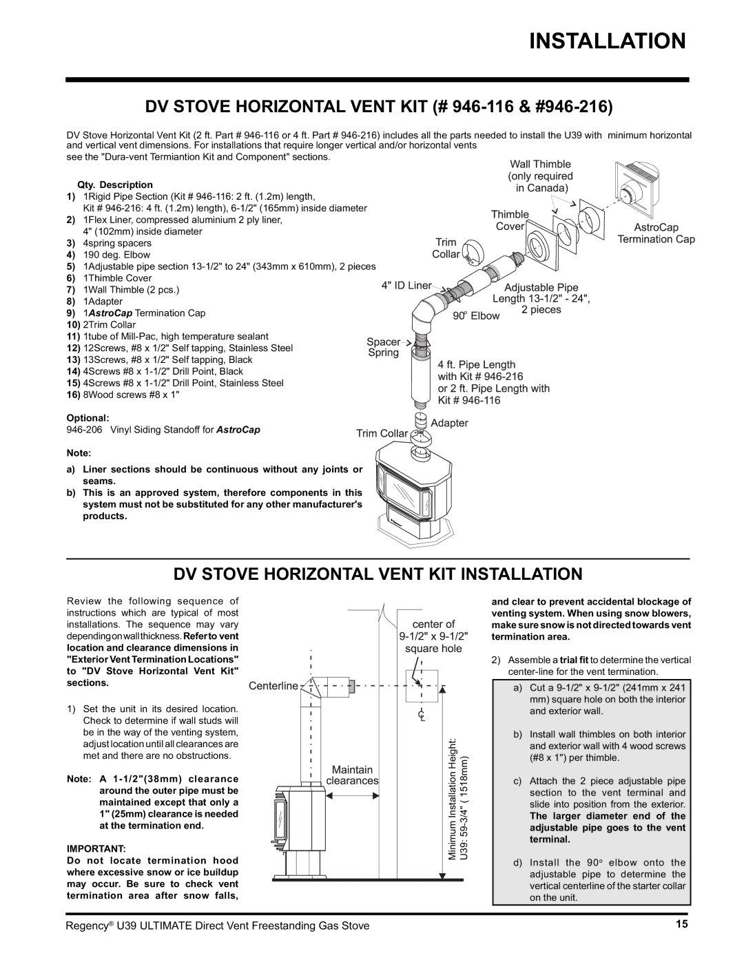 Regency U39-NG1, U39-LP1 installation manual DV Stove Horizontal Vent KIT Installation 