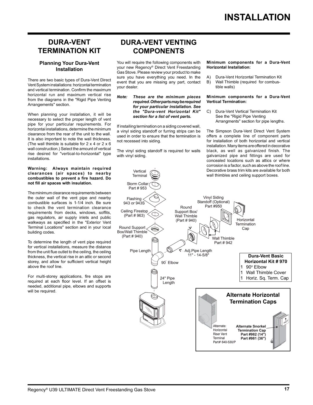 Regency U39-NG1, U39-LP1 DURA-VENT Termination KIT, DURA-VENT Venting Components, Planning Your Dura-Vent Installation 