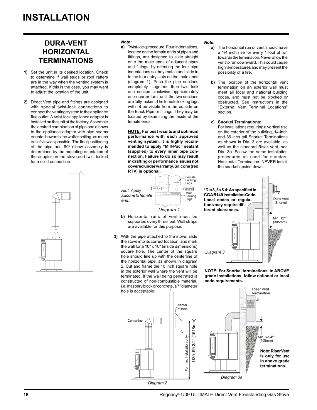 Regency U39-LP1, U39-NG1 installation manual DURA-VENT Horizontal Terminations, Snorkel Terminations 