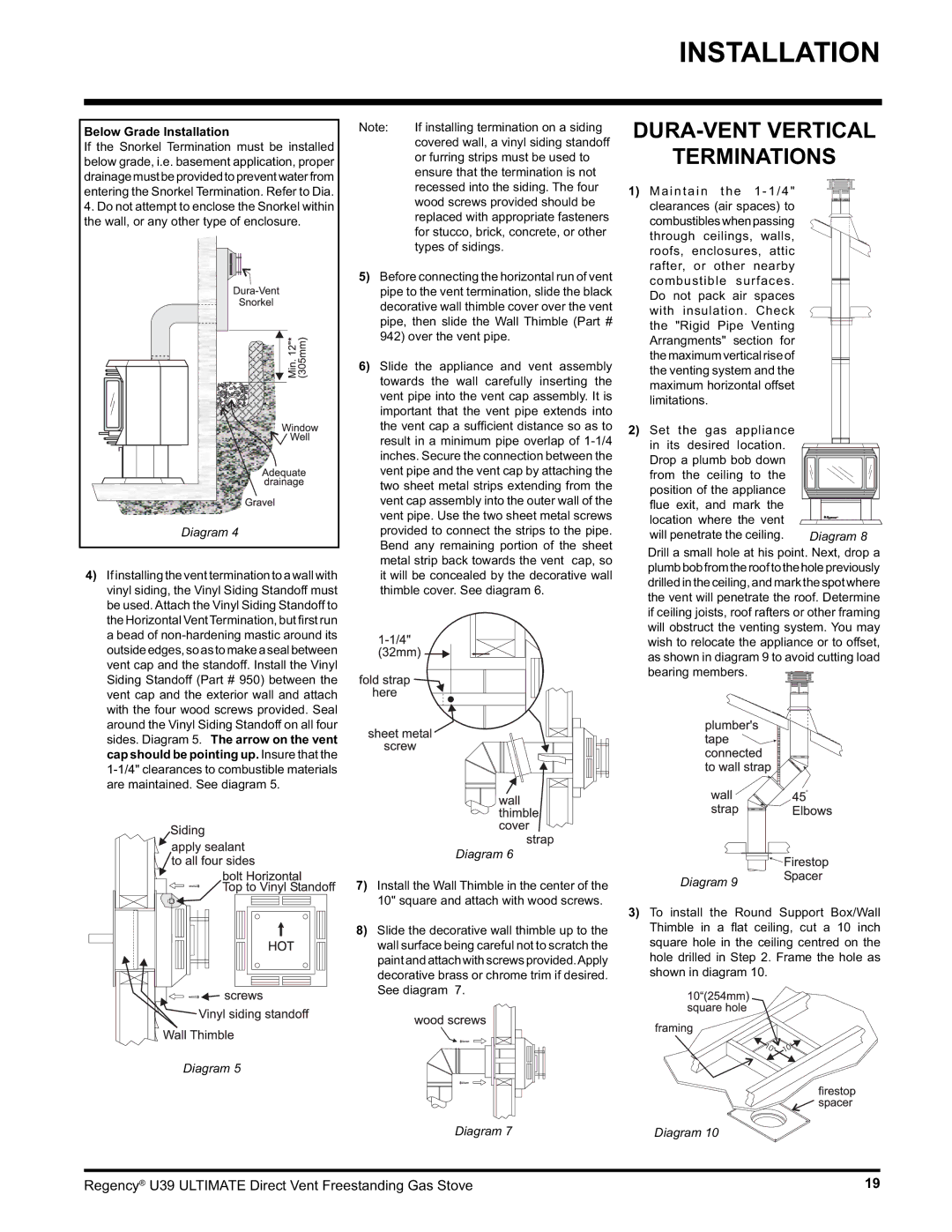 Regency U39-NG1, U39-LP1 installation manual DURA-VENT Vertical Terminations, Below Grade Installation 