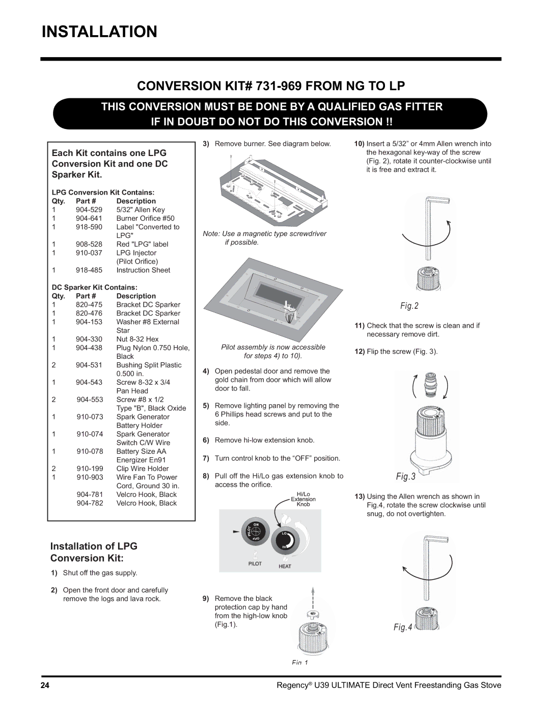 Regency U39-LP1, U39-NG1 installation manual Conversion KIT# 731-969 from NG to LP, LPG Conversion Kit Contains Qty 