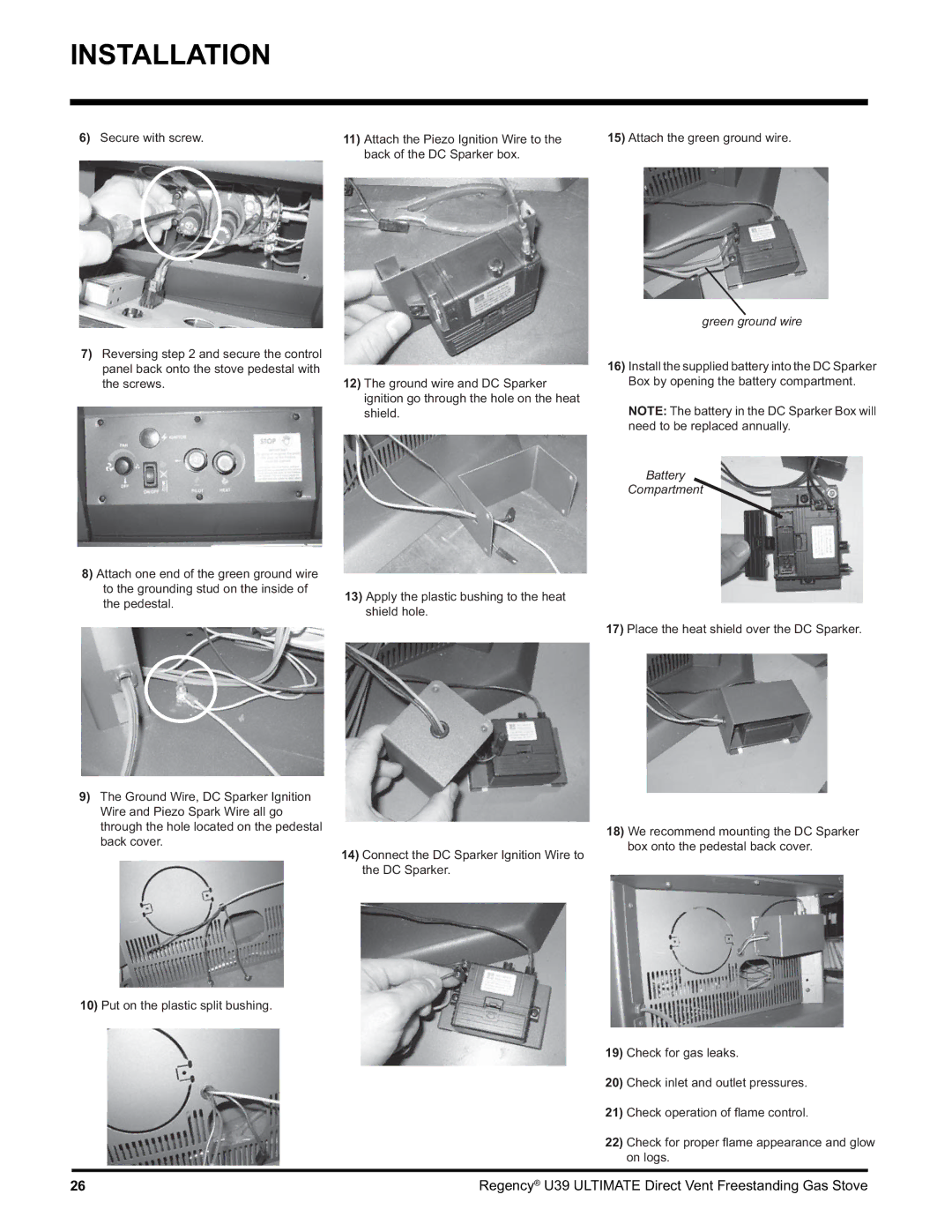 Regency U39-LP1, U39-NG1 installation manual Green ground wire 