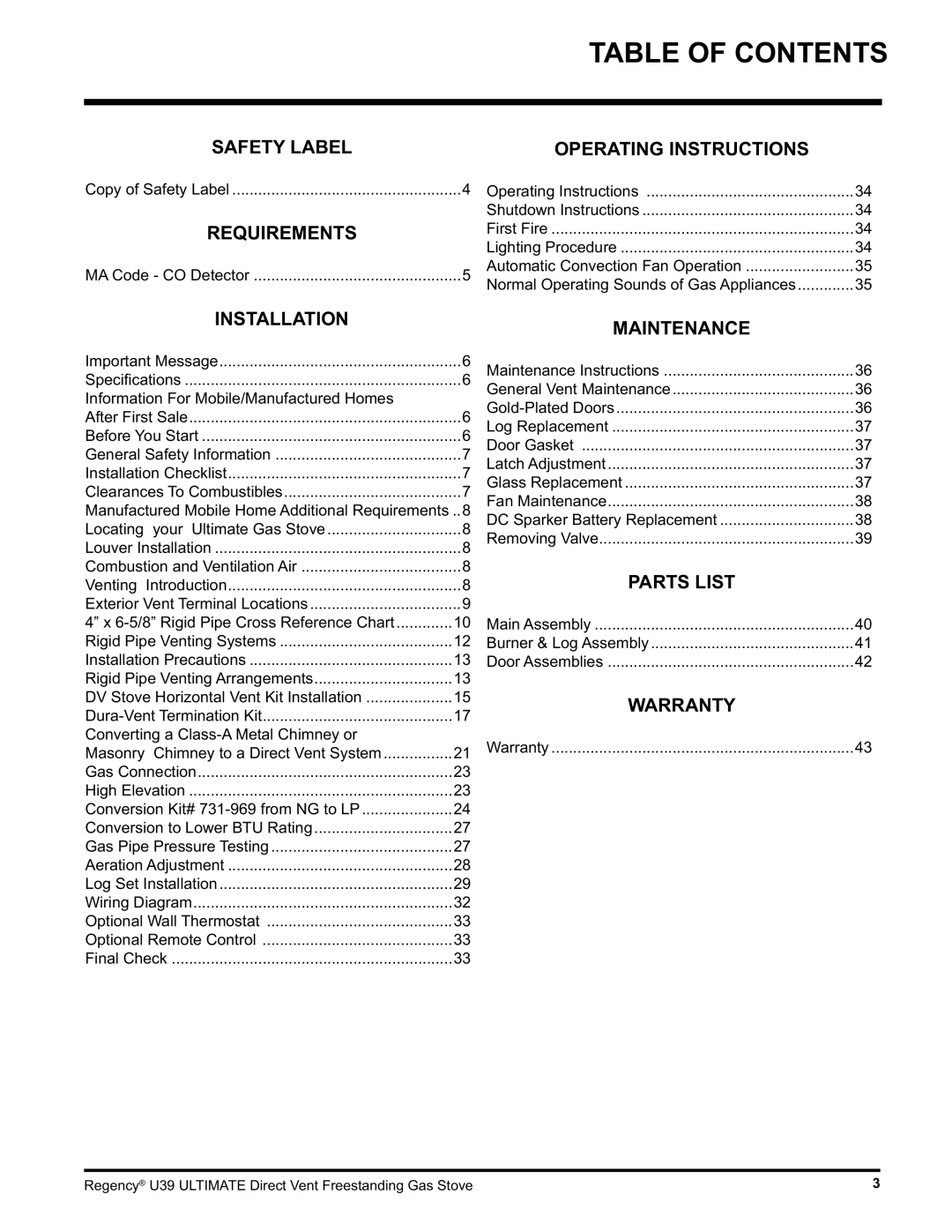 Regency U39-NG1, U39-LP1 installation manual Table of Contents 